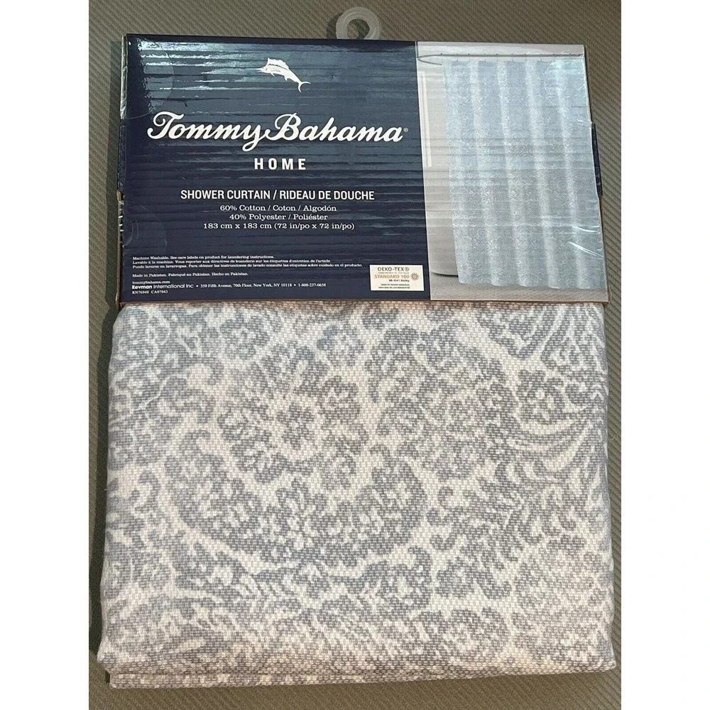 Tommy Bahama Fabric Shower Curtain Blue Medallion Flowers Cotton Blend 72x72 New